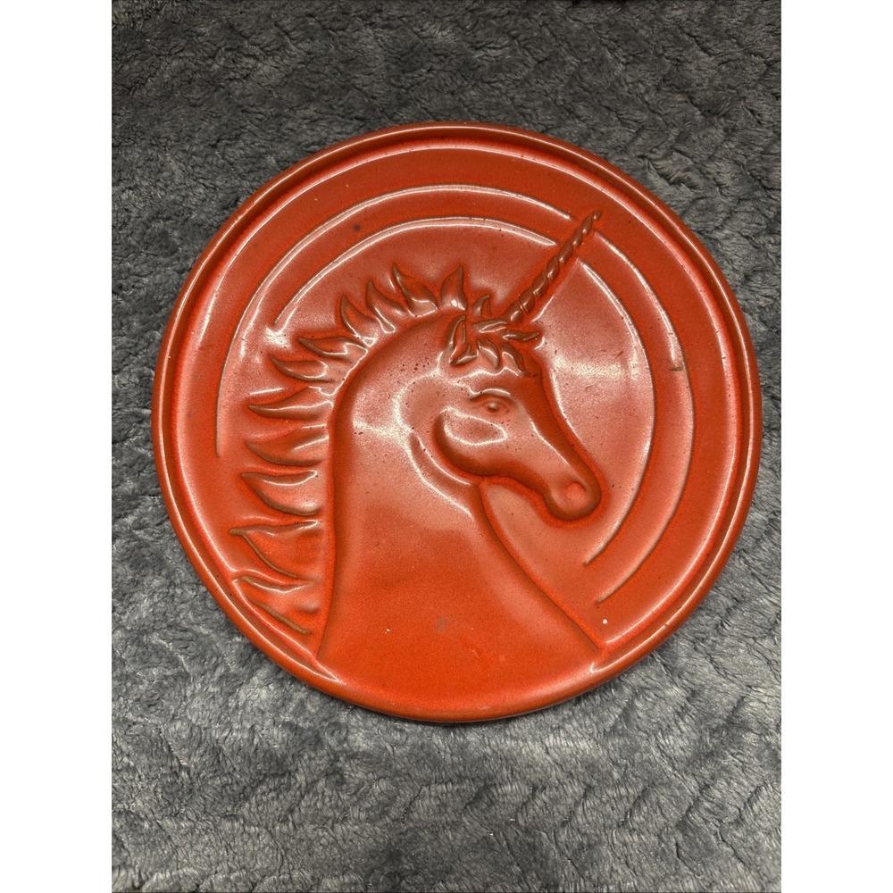 Vintage Frankoma Pottery Unicorn Trivet Red 6.25" Round Footed Ceramic